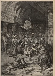 Diamants célèbres : le maharajah de Lahore, Ranjit Singh (1780-1839), prend possession du diamant Koh-i Nor (Koh-i-noor). Gravure de 1885 dans « Les arts et métiers illustrés » par Adolphe Bitard