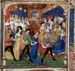 Fête à la cour du roi Arthur. La reine Guenièvre est entourée de 12 rois. Miniature du manuscrit « Le roman de la quête du Graal » 1450-1460 Dijon. Bibliothèque municipale