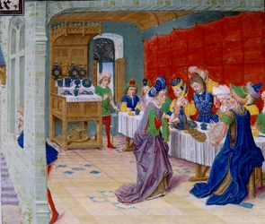 Scène de festin, un paon est servi sur la table. Miniature tirée de « La Vraye Histoire du Bon Roy Alixandre » par Callisthène, ou Kallisthène (c. 360-328 av. J.-C.)