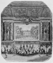 Fête de Louis XIV, par le Duc de Saint Aignan (Comédie en musique, jouée dans le parc de Versailles) Gravure