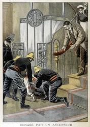 Pompiers sauvant un homme écrasé par un ascenseur dans un immeuble parisien. Illustration du « Petit Journal » de 1899.