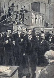 Première séance de la Chambre des députés élue en 1898 : Paul Deschanel, Président de la Chambre des députés. Paul Adolphe Granier de Cassagnac, Lucien Millevoye, Paul Déroulède, Jacques Piou, Eugène