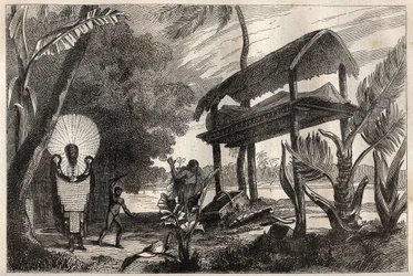 Premier voyage (1768-1771) du capitaine James Cook (1728-1779) : un fia-toka, bâtiment funéraire de Tahiti - illustration tirée de "Les grands marins du XVIIIe siècle"