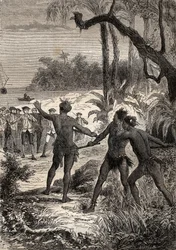 Premier voyage (1768-1771) du capitaine James Cook (1728-1779) : tandis que Cook et dix marins naviguent sur la côte méridionale de la Nouvelle-Guinée, trois Indiens surgissent des bois en criant - illustration tirée de « Les grands marins du XVIIIe siècle
