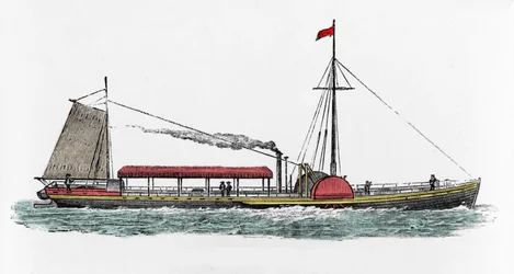 Premier voyage du bateau à vapeur « Clermont » par Robert Fulton (1765-1815), ingénieur américain sur le fleuve Hudson, USA