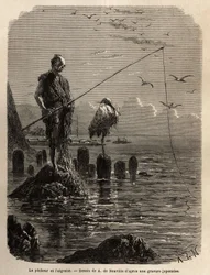 Pêcheur de la baie de Yedo (ou Edo, Tokyo actuel), attrapé par un aigle, à marée basse, les bateaux déposent les pêcheurs sur des blocs de pierre posés à sec dans la baie, ces derniers restent droits, immobiles et pêchent avec l