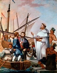 Fra Bartolome de Olmedo encourageant les brigantins et les marins à explorer le nouveau monde en 1500