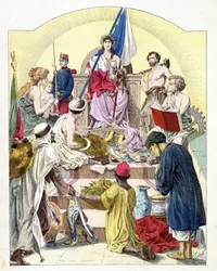 La France, sous les traits de Marianne, entourée de ses colonies personnifiées - dans « Histoire de France » par E. Grobet, vers 1915