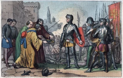 Francesco Ferrucci (1489-1530) reçoit les clés de la ville de Volterra - gravure tirée de « Usi e Costumi di Tutti i Popoli dell