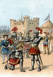 François Ier de France demandant à être adoubé par le Chevalier Bayard après la victoire à la bataille de Marignan, Italie.