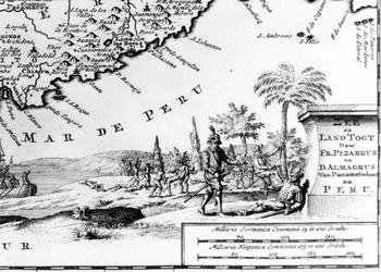 Francisco Pizarro représenté sur une carte du Pérou (17e siècle)