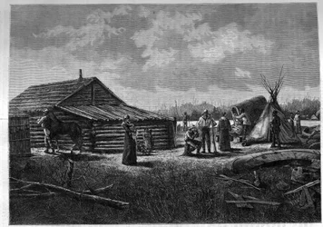 Village métis franco-canadien au Canada. Gravure dans « Le Journal de la Jeunesse ».