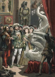 François Ier (1494-1547), roi de France, chez le sculpteur italien Benvenuto Cellini (1500-1571) gravure de 1881 dans « El Culto de la Hermosura » par Juan Justo Huguet, Molinas Hermanos éditeurs