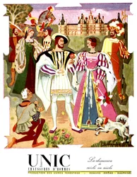 François Ier et sa cour devant le château de Chambord. Publicité pour Unic, chaussures pour hommes