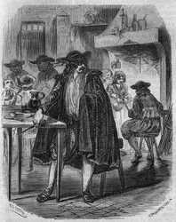 François Ravaillac (1578-1610), assassin du roi Henri IV, brandissant dans une auberge le couteau avec lequel il doit frapper Henri IV - gravure du XIXe siècle
