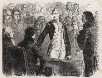 Révolution française : le général Gilbert du Motier de La Fayette (1757-1834) démissionnant du commandement de la Garde nationale - gravure dans « Le Monde Illustré »