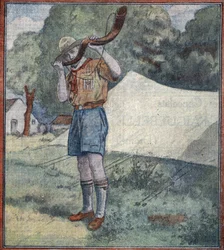 Scout français sonnant le rassemblement dans un camp en Hongrie (Scout français) Illustration tirée de "Le pelerin" 20/8/1933 Collection privée