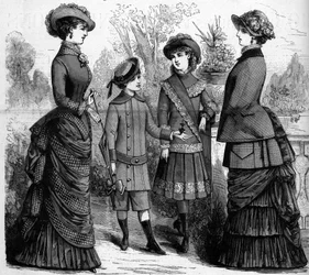 Mode féminine et enfantine française au XIXe siècle. Publicité de 1882. Gravure dans « Le Monde Illustré » n°1302 du 11 mars 1882.
