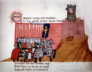 Chevaliers français arrivant devant un château. Manuscrit du XIIIe siècle.