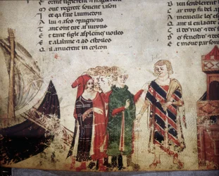 Marchand français à Venise. Miniature du « Roman de Troie » de Benoît de Sainte-Maure. XIVe siècle, Biblioteca Marciana, Venise