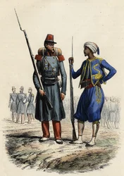 Uniforme militaire français : À gauche, une légion étrangère formée et envoyée en Algérie en 1831. À droite, des cavaliers indigènes, formés et envoyés en Algérie en 1841. Dans « L