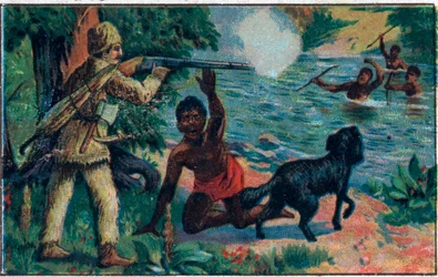 La délivrance de Vendredi. Illustration pour le livre de Daniel Defoe Robinson Crusoé. Chromolithographie de la fin du XIXe siècle.