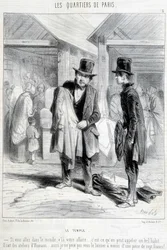 Fripier du quartier du temple à Paris essayant de vendre des vêtements à un homme. Gravure du 19e siècle.