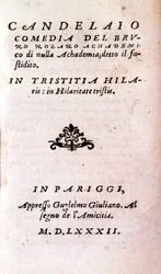 Frontispice de « Il candelaio » de Giordano Bruno, philosophe et théologien italien. 1582