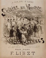 Frontispice de la partition Soirées de Vienne, Caprices Valses pour piano par Liszt (19ème siècle)