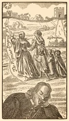 Frontispice de la deuxième partie de Le Voyage du pèlerin de ce monde à celui qui est à venir par John Bunyan (1628-1688) montrant l