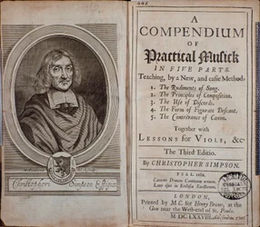 Frontispice du Compendium de musique pratique avec portrait de Christopher Simpson