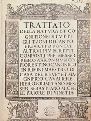 Frontispice ou page de titre de Trattato della natura e Cognizione di tutti gli duoni di canto figurato par Pietro Aron