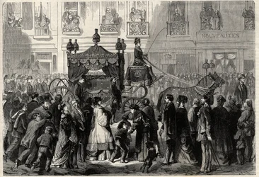 Cortège funéraire lors des obsèques de Gioachino Rossini (1799-1868) à Paris. Gravure dans L