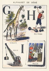 G H I : girafe, grue, haltères, image