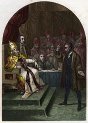 Galilée (ou Galileo Galilei) devant le pape Urbain VIII en 1633. Gravure de 1842 dans « Histoire des papes » par Maurice Lachatre. Collection privée.