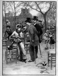 Conversation galante entre deux hommes et une jeune femme, tous très élégants, au Jardin des Tuileries à Paris pendant l