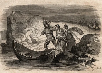 Guerres gauloises, 58-51 av. J.-C. Victoire romaine sur les tribus germaniques sous Arioviste - Arioviste forcé de repasser le Rhin - gravure dans "Dictionnaire populaire illustré" - 1864 - par Joseph Décembre et Edmond Allonier