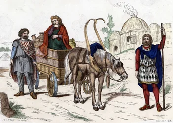 Habitation gauloise, femme, paysan, char, riche fermier, harnais - dans "Les Costumes civils et militaires des Français à travers les siècles Paris F. Roy 1882"