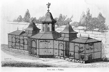 Volière de jardin. Gravure du 19e siècle.