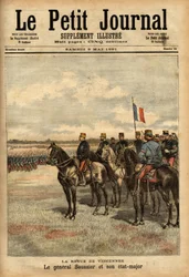 Le général Félix Gustave Saussier et son état-major passent en revue les troupes à Vincennes. Gravure dans Le petit journal illustré 09/05/1891. Collection Selva