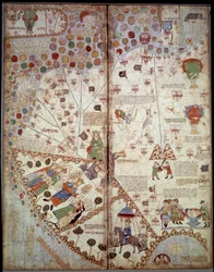 Carte géographique : Chine, vallée du Gange, Sumatra, Ceylan. Atlas catalan (carte catalane) (Espagne). Manuscrit de 1375 (Folio 2v - folio 3) par Abraham Cresques. BN, Paris