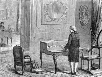 Georges Lesage, inventeur du premier télégraphe électrique devant un prototype. 1774. Gravure du 19ème siècle