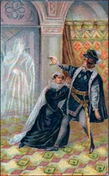Gertrude, Hamlet et le fantôme du père de Hamlet. Dans « Hamlet », de William Shakespeare. Chromolithographie de la fin du 19ème siècle