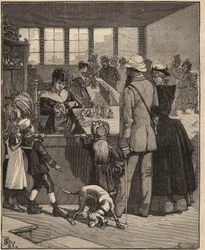 Art du verre : touristes achetant une perle soufflée dans une verrerie à Venise, Italie. Gravure de 1885 dans "Les arts et métiers illustrés" par Adolphe Bitard.