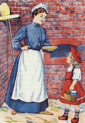 Va porter ce gâteau et ce pot de beurre à ta grand-mère. Illustration anonyme pour « Le Petit Chaperon rouge », conte de Charles Perrault (1628-1703), écrivain français. Imagerie Marcel Vagne, Jarville Nancy, fin du XIXe siècle.