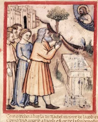 Dieu apparaît à Jacob ayant édifié un autel miniature du codex 212 (ou padovano codice ou Bible de Padoue) 1390-1400 Rovigo, Accademia dei Concordi