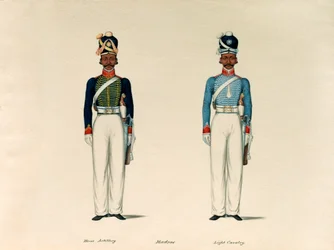 Golundauz, artillerie à cheval de Madras; et Sowar, cavalerie légère de Madras, vers 1835