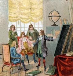 Gottfried Wilhelm Leibniz (1646-1716), philosophe et mathématicien allemand ; démontrant ses théories sur le calcul différentiel. Chromolithographie, fin du 19e siècle