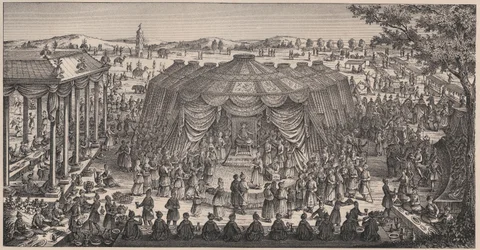 Grand Banquet donné par Tamerlan (1336-1405) dans la plaine de Khani Gheul pour célébrer le mariage de ses petits-enfants - Gravure du 19ème siècle
