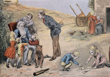 Grand-père expliquant le catéchisme aux enfants. Dans "Grand album en couleur pour l